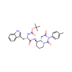 Cc1ccc(N2C(=O)C[C@H]3[C@H](NC(=O)[C@H](Cc4c[nH]c5ccccc45)NC(=O)OC(C)(C)C)CCCN3C2=O)cc1 ZINC000026290241