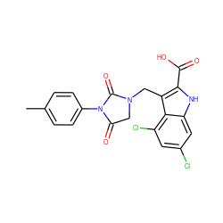 Cc1ccc(N2C(=O)CN(Cc3c(C(=O)O)[nH]c4cc(Cl)cc(Cl)c34)C2=O)cc1 ZINC000013492839