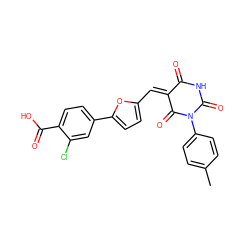 Cc1ccc(N2C(=O)NC(=O)/C(=C/c3ccc(-c4ccc(C(=O)O)c(Cl)c4)o3)C2=O)cc1 ZINC000013130666