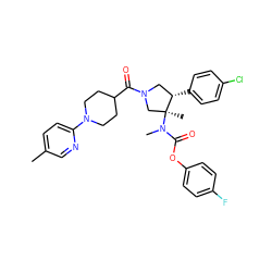 Cc1ccc(N2CCC(C(=O)N3C[C@H](c4ccc(Cl)cc4)[C@@](C)(N(C)C(=O)Oc4ccc(F)cc4)C3)CC2)nc1 ZINC000169698925