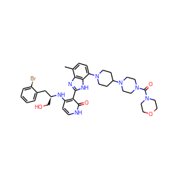 Cc1ccc(N2CCC(N3CCN(C(=O)N4CCOCC4)CC3)CC2)c2[nH]c(-c3c(N[C@@H](CO)Cc4ccccc4Br)cc[nH]c3=O)nc12 ZINC000049746872