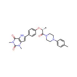 Cc1ccc(N2CCN(C(=O)[C@@H](C)Oc3ccc(-c4cc5c([nH]4)c(=O)n(C)c(=O)n5C)cc3)CC2)cc1 ZINC000029060197