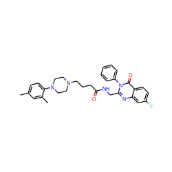 Cc1ccc(N2CCN(CCCC(=O)NCc3nc4cc(F)ccc4c(=O)n3-c3ccccc3)CC2)c(C)c1 ZINC000029123621