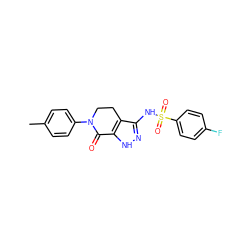 Cc1ccc(N2CCc3c(NS(=O)(=O)c4ccc(F)cc4)n[nH]c3C2=O)cc1 ZINC000096916186