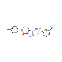 Cc1ccc(N2CCc3c(NS(=O)(=O)c4cccc(C(F)(F)F)c4)n[nH]c3C2=O)cc1 ZINC000096916141