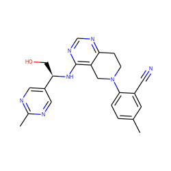 Cc1ccc(N2CCc3ncnc(N[C@H](CO)c4cnc(C)nc4)c3C2)c(C#N)c1 ZINC000043200547