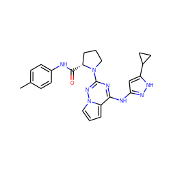 Cc1ccc(NC(=O)[C@@H]2CCCN2c2nc(Nc3cc(C4CC4)[nH]n3)c3cccn3n2)cc1 ZINC000045300788