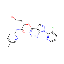 Cc1ccc(NC(=O)[C@H](CCO)Oc2ncnc3c2cnn3-c2ncccc2Cl)nc1 ZINC000114685878