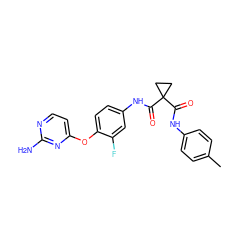 Cc1ccc(NC(=O)C2(C(=O)Nc3ccc(Oc4ccnc(N)n4)c(F)c3)CC2)cc1 ZINC001772574056