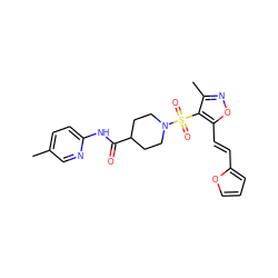 Cc1ccc(NC(=O)C2CCN(S(=O)(=O)c3c(C)noc3/C=C/c3ccco3)CC2)nc1 ZINC000008690893