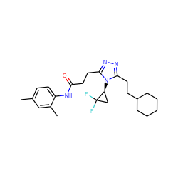 Cc1ccc(NC(=O)CCc2nnc(CCC3CCCCC3)n2[C@H]2CC2(F)F)c(C)c1 ZINC000653735658