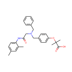 Cc1ccc(NC(=O)CN(Cc2ccccc2)Cc2ccc(OC(C)(C)C(=O)O)cc2)c(C)c1 ZINC000049049651