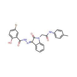 Cc1ccc(NC(=O)CN2C(=O)/C(=N\NC(=O)c3cc(Br)ccc3O)c3ccccc32)cc1 ZINC000100511532