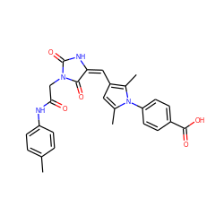 Cc1ccc(NC(=O)CN2C(=O)N/C(=C/c3cc(C)n(-c4ccc(C(=O)O)cc4)c3C)C2=O)cc1 ZINC000009434678