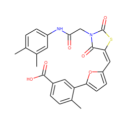 Cc1ccc(NC(=O)CN2C(=O)S/C(=C/c3ccc(-c4cc(C(=O)O)ccc4C)o3)C2=O)cc1C ZINC000006858901