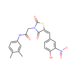 Cc1ccc(NC(=O)CN2C(=O)S/C(=C/c3ccc(O)c([N+](=O)[O-])c3)C2=O)cc1C ZINC000012462241