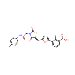 Cc1ccc(NC(=O)CN2C(=O)S/C(=C\c3ccc(-c4cccc(C(=O)O)c4C)o3)C2=O)cc1 ZINC000002141803