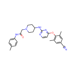 Cc1ccc(NC(=O)CN2CCC(Nc3nccc(Oc4c(C)cc(C#N)cc4C)n3)CC2)cc1 ZINC000299852516