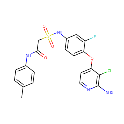 Cc1ccc(NC(=O)CS(=O)(=O)Nc2ccc(Oc3ccnc(N)c3Cl)c(F)c2)cc1 ZINC000169333327