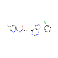 Cc1ccc(NC(=O)CSc2ncnc3c2cnn3-c2ccccc2Cl)nc1 ZINC000095558449