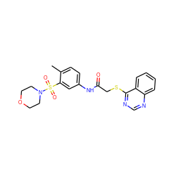 Cc1ccc(NC(=O)CSc2ncnc3ccccc23)cc1S(=O)(=O)N1CCOCC1 ZINC000009581038