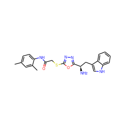 Cc1ccc(NC(=O)CSc2nnc([C@H](N)Cc3c[nH]c4ccccc34)o2)c(C)c1 ZINC000004325556