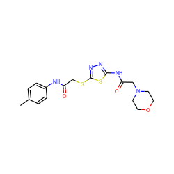 Cc1ccc(NC(=O)CSc2nnc(NC(=O)CN3CCOCC3)s2)cc1 ZINC000019782186