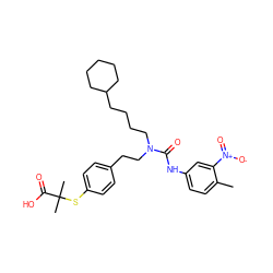 Cc1ccc(NC(=O)N(CCCCC2CCCCC2)CCc2ccc(SC(C)(C)C(=O)O)cc2)cc1[N+](=O)[O-] ZINC000028235931