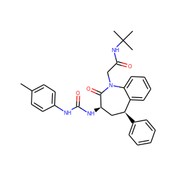 Cc1ccc(NC(=O)N[C@@H]2C[C@H](c3ccccc3)c3ccccc3N(CC(=O)NC(C)(C)C)C2=O)cc1 ZINC000013739682