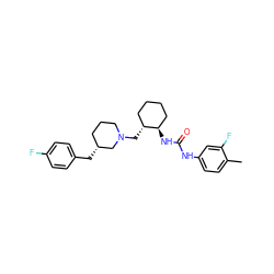 Cc1ccc(NC(=O)N[C@@H]2CCCC[C@H]2CN2CCC[C@@H](Cc3ccc(F)cc3)C2)cc1F ZINC000013613274