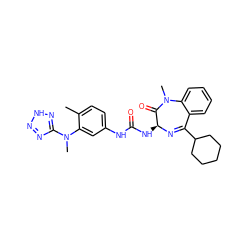 Cc1ccc(NC(=O)N[C@@H]2N=C(C3CCCCC3)c3ccccc3N(C)C2=O)cc1N(C)c1nn[nH]n1 ZINC000013746714