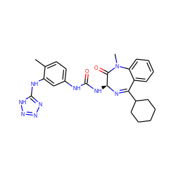 Cc1ccc(NC(=O)N[C@@H]2N=C(C3CCCCC3)c3ccccc3N(C)C2=O)cc1Nc1nnn[nH]1 ZINC000000833885