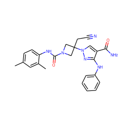 Cc1ccc(NC(=O)N2CC(CC#N)(n3cc(C(N)=O)c(Nc4ccccc4)n3)C2)c(C)c1 ZINC000222093362