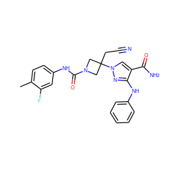 Cc1ccc(NC(=O)N2CC(CC#N)(n3cc(C(N)=O)c(Nc4ccccc4)n3)C2)cc1F ZINC000222102239