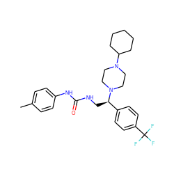 Cc1ccc(NC(=O)NC[C@H](c2ccc(C(F)(F)F)cc2)N2CCN(C3CCCCC3)CC2)cc1 ZINC000028476777