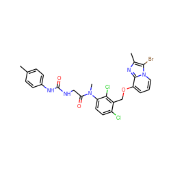 Cc1ccc(NC(=O)NCC(=O)N(C)c2ccc(Cl)c(COc3cccn4c(Br)c(C)nc34)c2Cl)cc1 ZINC000027320141