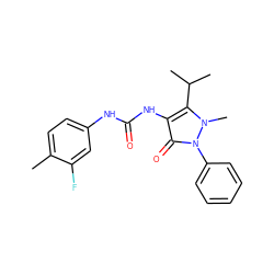 Cc1ccc(NC(=O)Nc2c(C(C)C)n(C)n(-c3ccccc3)c2=O)cc1F ZINC000038157796