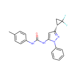 Cc1ccc(NC(=O)Nc2cc([C@@H]3CC3(F)F)nn2-c2ccccc2)cc1 ZINC000299831028