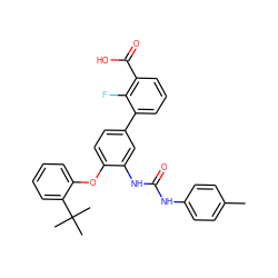 Cc1ccc(NC(=O)Nc2cc(-c3cccc(C(=O)O)c3F)ccc2Oc2ccccc2C(C)(C)C)cc1 ZINC001772651004