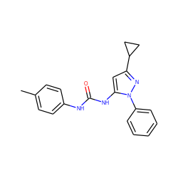 Cc1ccc(NC(=O)Nc2cc(C3CC3)nn2-c2ccccc2)cc1 ZINC000299822545