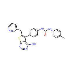 Cc1ccc(NC(=O)Nc2ccc(-c3c(Cc4cccnc4)sc4ncnc(N)c34)cc2)cc1 ZINC000063539859