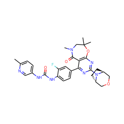 Cc1ccc(NC(=O)Nc2ccc(-c3nc(N4[C@H]5CC[C@H]4COC5)nc4c3C(=O)N(C)CC(C)(C)O4)cc2F)cn1 ZINC000205340149