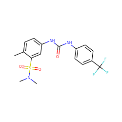 Cc1ccc(NC(=O)Nc2ccc(C(F)(F)F)cc2)cc1S(=O)(=O)N(C)C ZINC000096283178