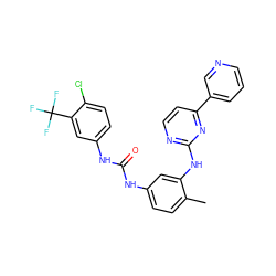 Cc1ccc(NC(=O)Nc2ccc(Cl)c(C(F)(F)F)c2)cc1Nc1nccc(-c2cccnc2)n1 ZINC000058563804