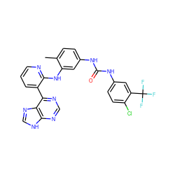 Cc1ccc(NC(=O)Nc2ccc(Cl)c(C(F)(F)F)c2)cc1Nc1ncccc1-c1ncnc2[nH]cnc12 ZINC000299823709