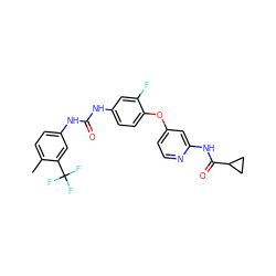 Cc1ccc(NC(=O)Nc2ccc(Oc3ccnc(NC(=O)C4CC4)c3)c(F)c2)cc1C(F)(F)F ZINC001772628057