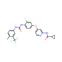 Cc1ccc(NC(=O)Nc2ccc(Oc3ccnc(NC(=O)C4CC4)c3)cc2F)cc1C(F)(F)F ZINC001772581535