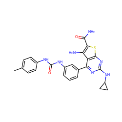 Cc1ccc(NC(=O)Nc2cccc(-c3nc(NC4CC4)nc4sc(C(N)=O)c(N)c34)c2)cc1 ZINC000082157989
