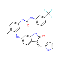 Cc1ccc(NC(=O)Nc2cccc(C(F)(F)F)c2)cc1Nc1ccc2c(c1)NC(=O)/C2=C\c1ccc[nH]1 ZINC000084706782