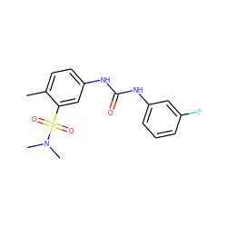 Cc1ccc(NC(=O)Nc2cccc(F)c2)cc1S(=O)(=O)N(C)C ZINC000096283180